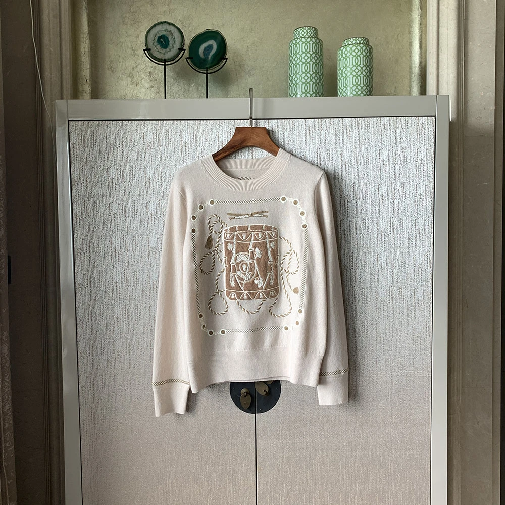 羊绒女毛衣圆领百搭气质显瘦长袖刺绣