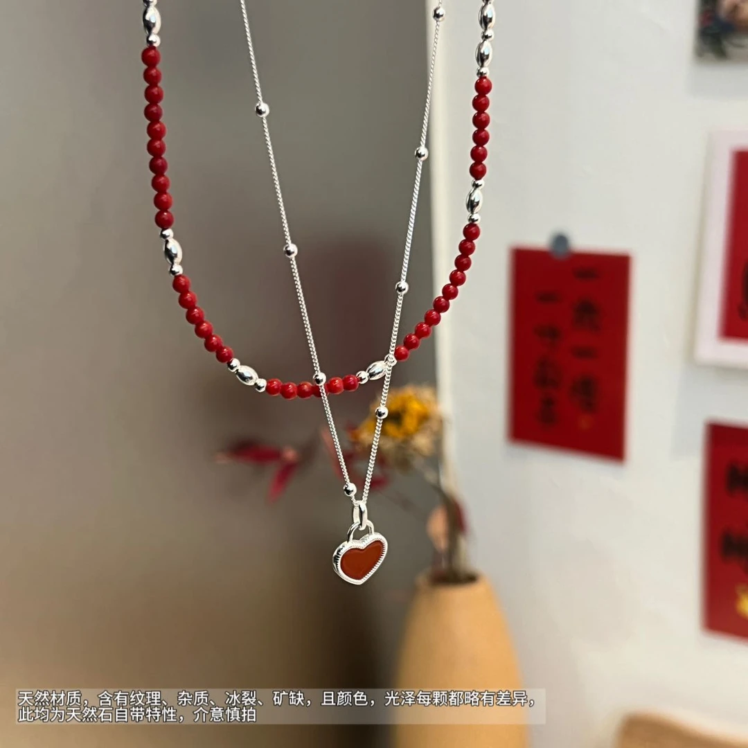 链子925银 JIUJIU【雾化玫瑰】时尚简约小众百搭红色装饰项链0109