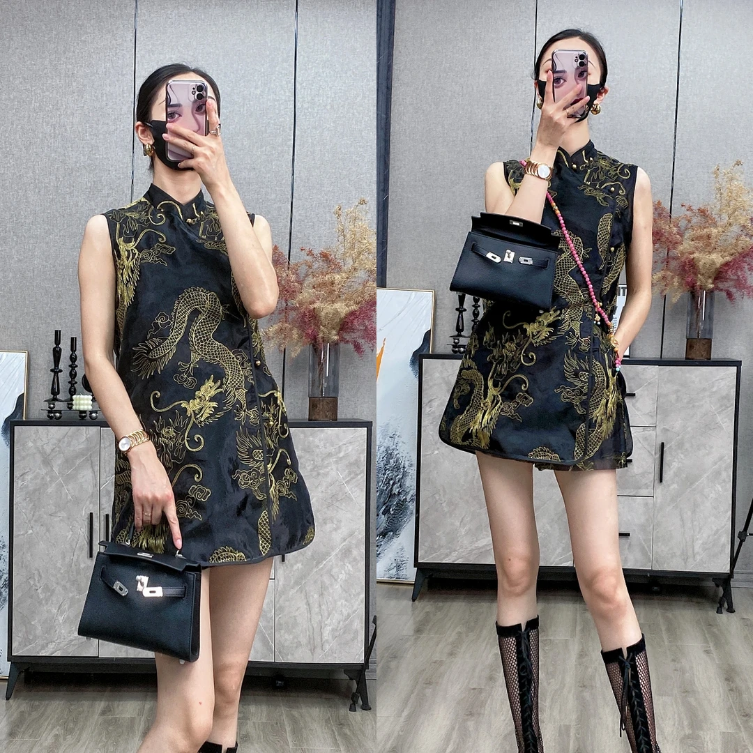 【金龙套装】莺歌鹿鸣新中式国风刺绣双层夏季透气短裤上衣套装