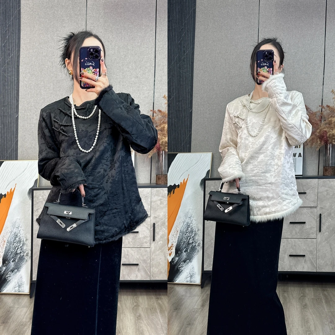 新中式黑白色加棉盘扣打底外套