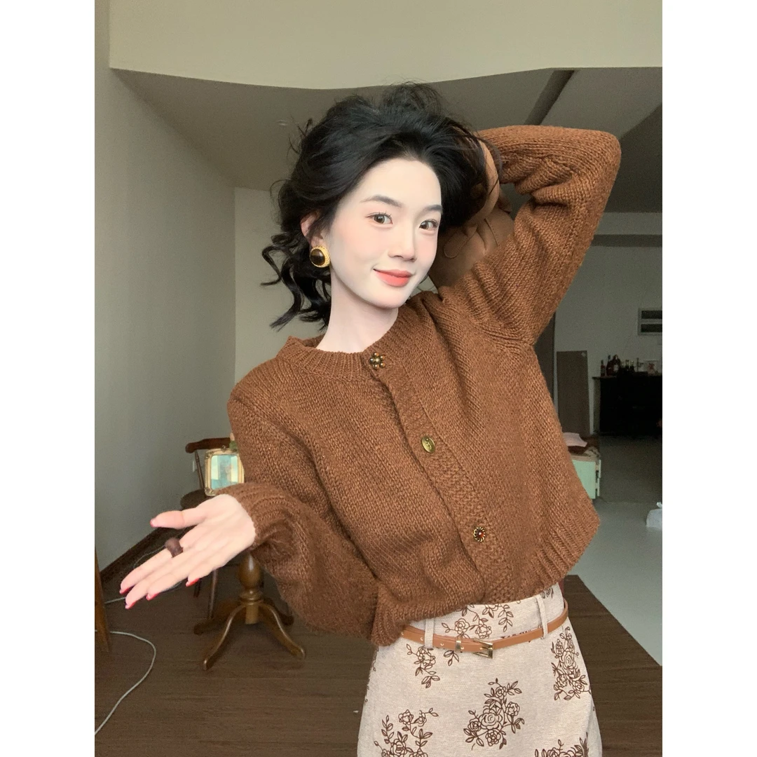 欣子野【可可斯托】秋复古法式百搭慵懒风针织开衫毛衣外套XZ13023W