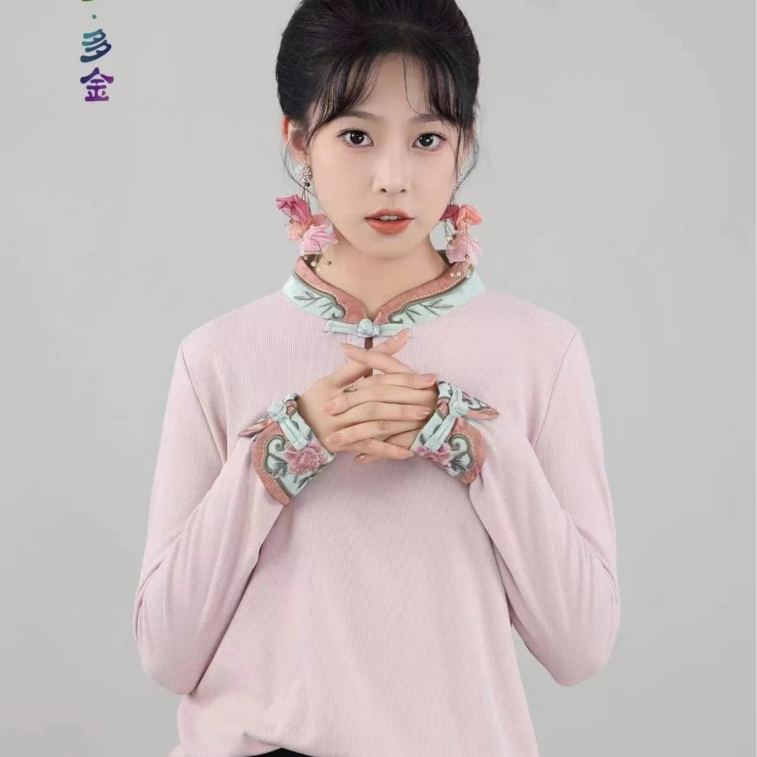 2024新款秋款中式国风立领刺绣翻袖针织打底衫