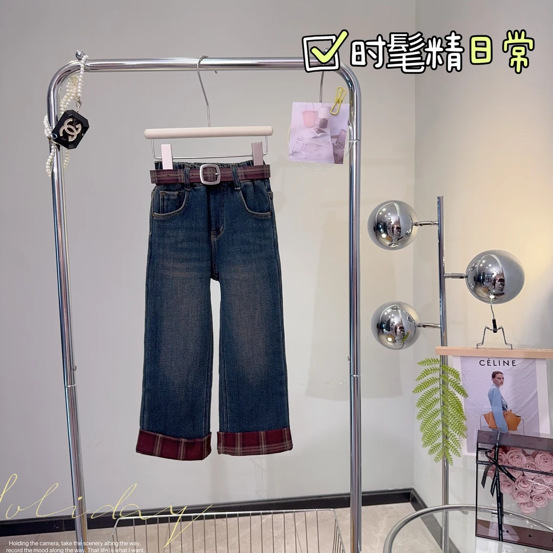 女童秋冬季2024新款韩系松紧腰加绒加厚直筒牛仔裤-7176