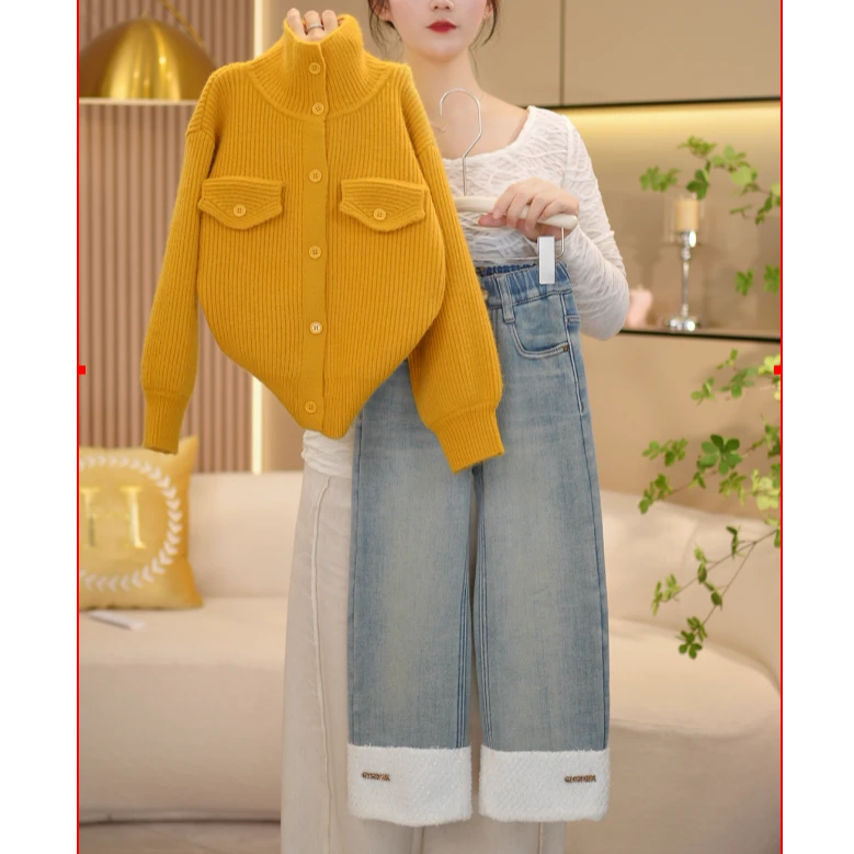 女童秋冬季2024新款韩系小香风毛衣+加绒牛仔裤套装-7400