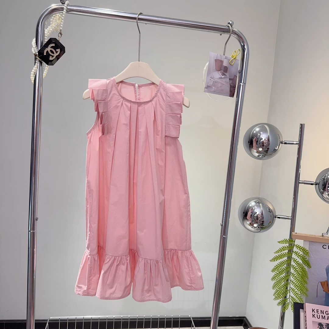 女童夏季2024新款时尚气质百搭纯色花边圆领无袖宽松连衣裙-6728