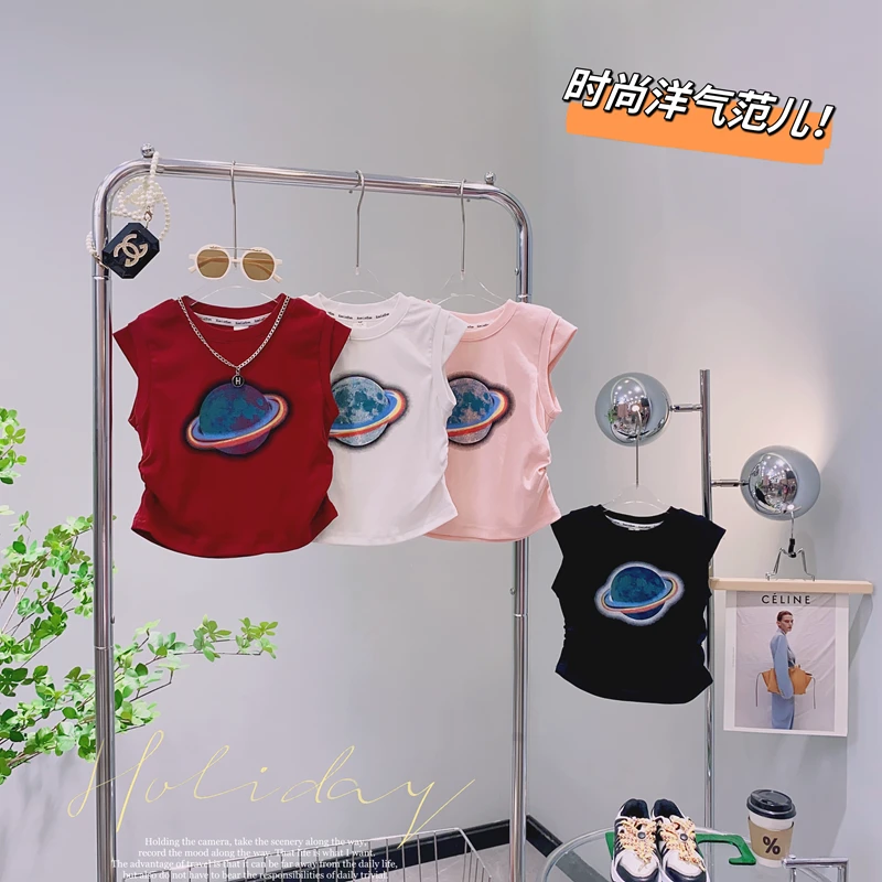 【闺蜜家】夏季女童韩版圆领百搭时髦卡通星球印花无袖背心-2383
