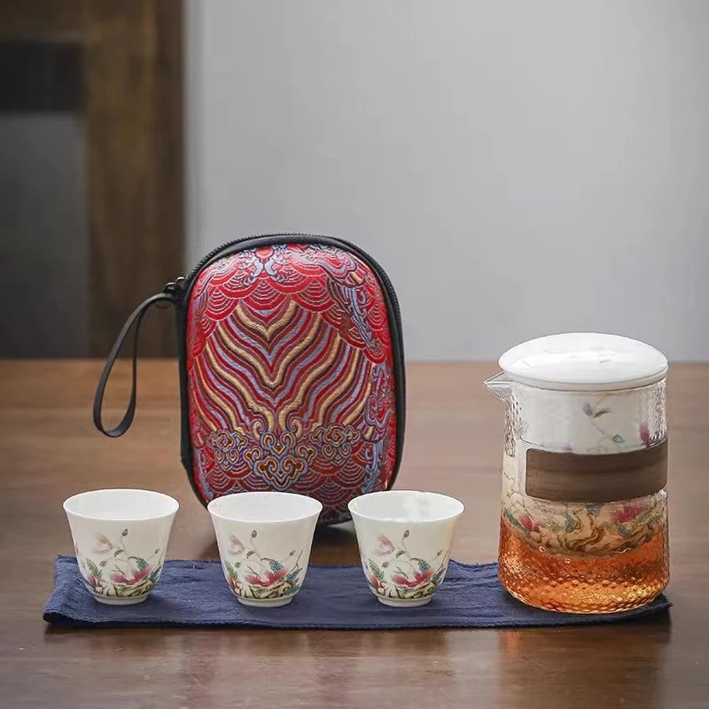 虞美人便携式旅行茶具套装玻璃户外泡茶壶一壶三杯陶瓷快客杯