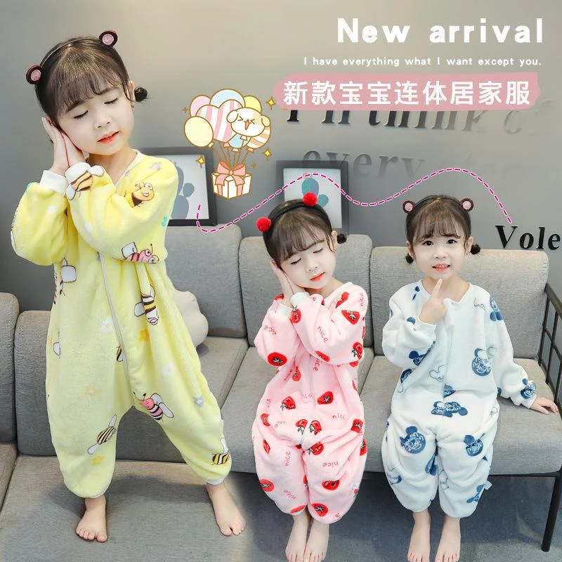 婴幼儿童睡袋冬季加厚加绒小童法兰绒连体衣春秋宝宝分腿睡衣小孩
