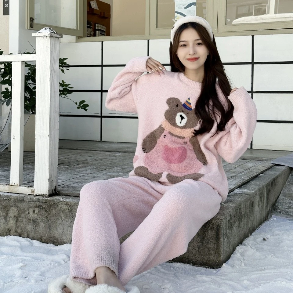 品彩优品半边绒秋冬睡衣女软绵绵家居服甜美9小熊卡通加绒JL25