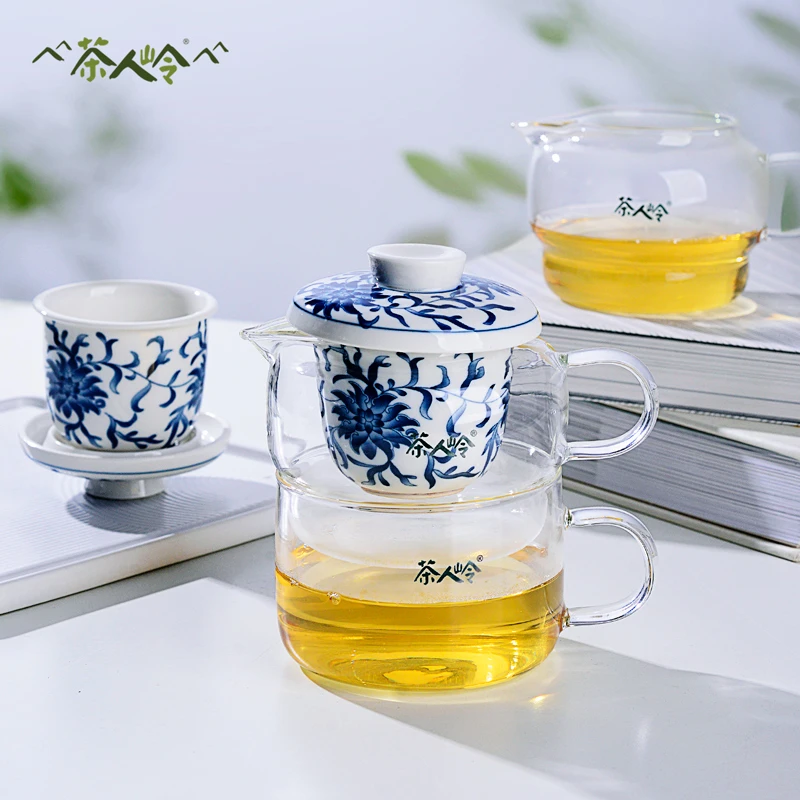 茶人岭茶具青韵上壶下杯4件套玻璃杯带盖过滤陶瓷茶杯花茶茶具