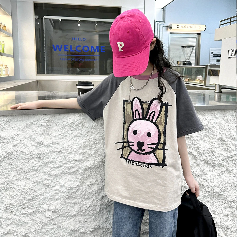 女童夏装短袖T恤双纱棉2023新款插肩袖拼色洋气卡通中童夏季上衣