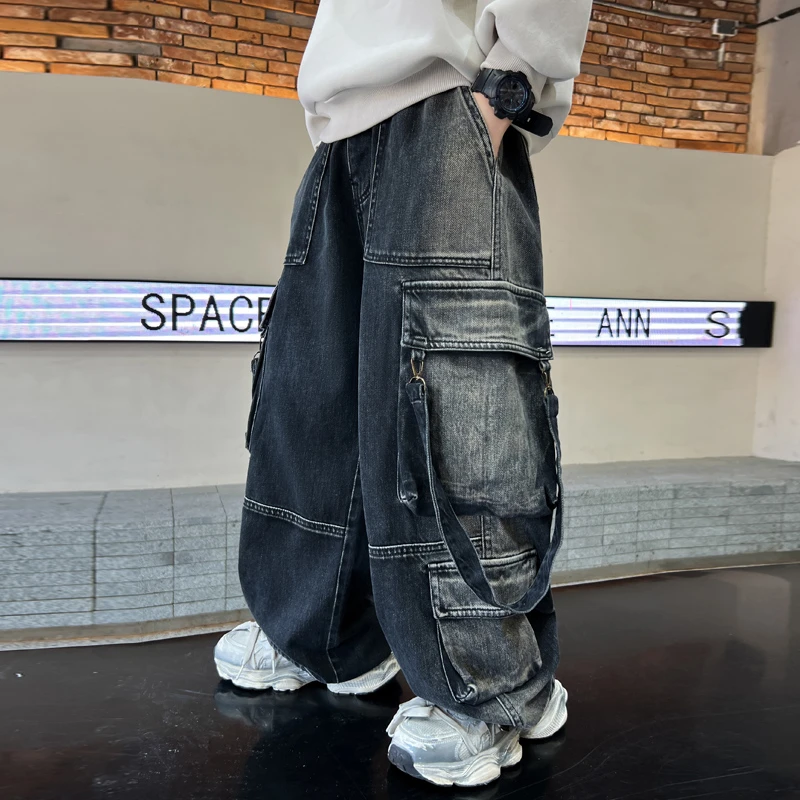 男童飘带大口袋工装牛仔裤痞帅2024新款儿童宽松百搭阔腿裤中大童