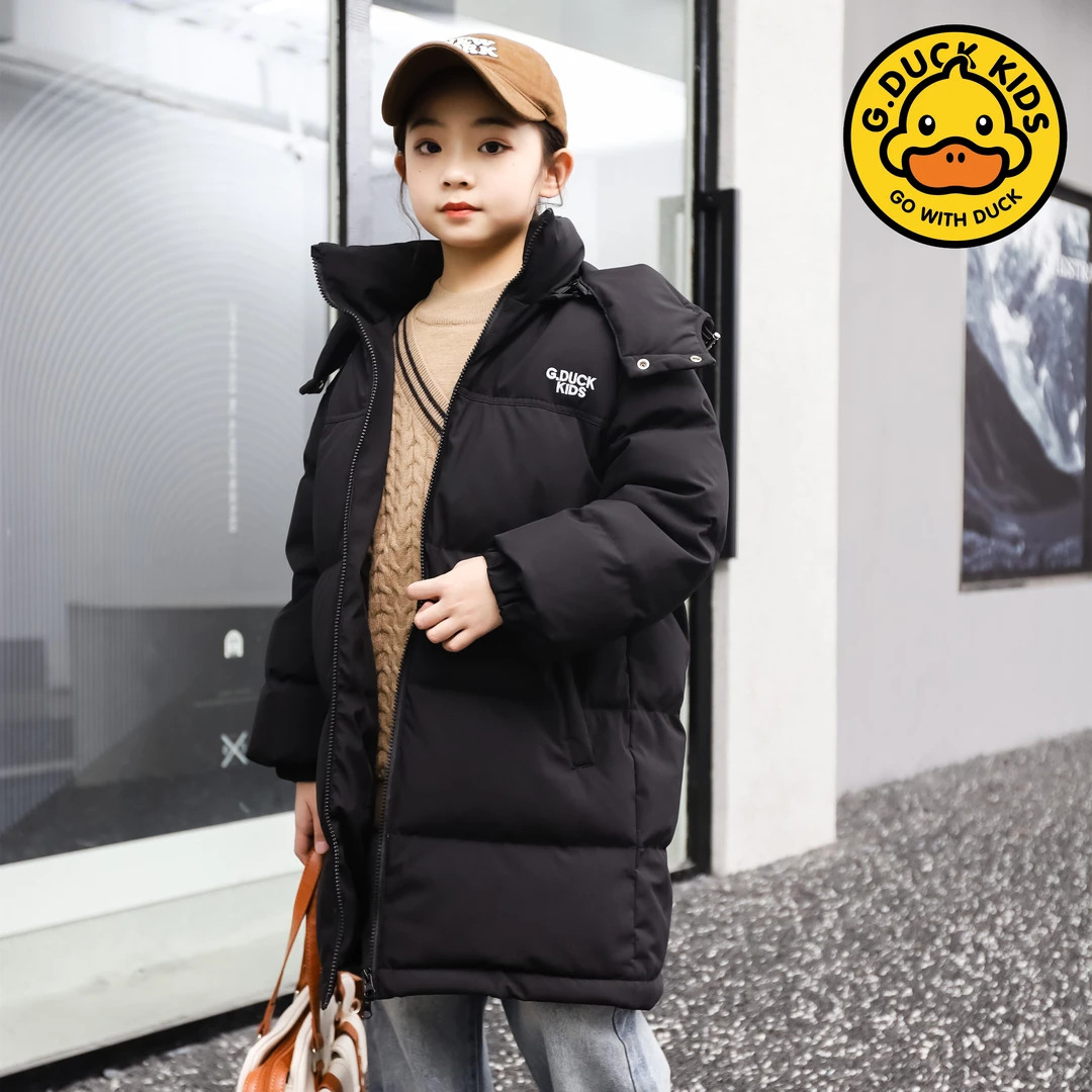 小黄鸭儿童冬季新款加厚过膝长款亲子白鸭绒保暖羽绒服连帽外套潮