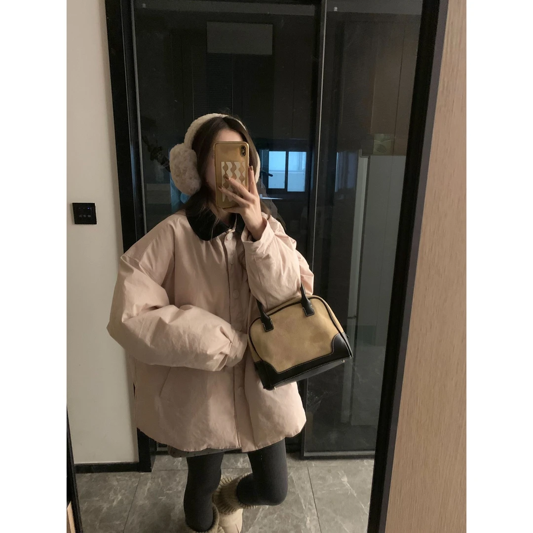 【韩11】oversize宽松中长款撞色翻领羽绒服外套97777