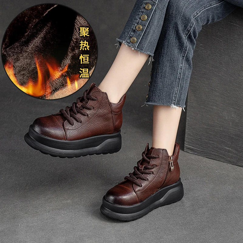 【63719-2J】冬季新款厚底侧拉链短靴加绒保暖复古风擦色简约舒适女