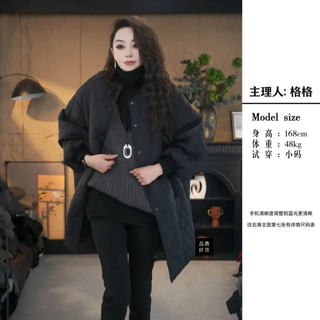 【格小姐】28135-20冬季新款韩版时尚菱格中长款高级气质棉服外套女