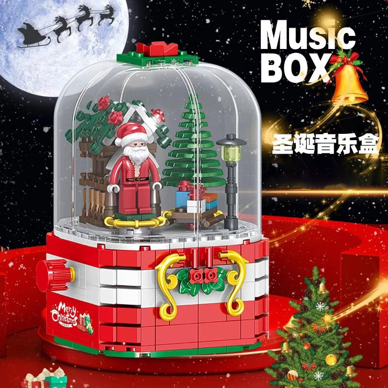 中国积木男孩子圣诞节礼物旋转小屋圣诞树飘雪音乐盒拼装益智玩具