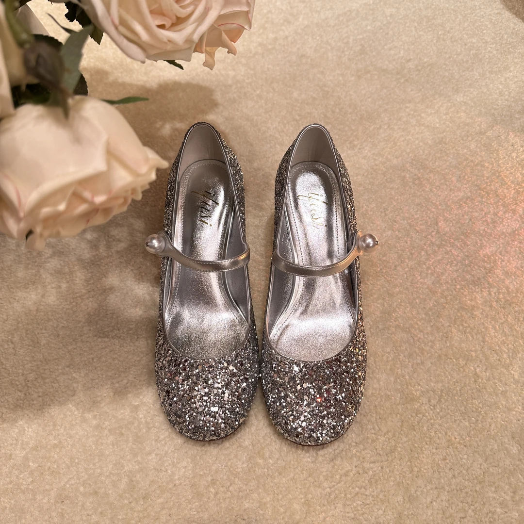 【IFUSI】小MIU少女感玛丽珍  珍珠一字带轻奢钻跟高跟鞋 3316-1