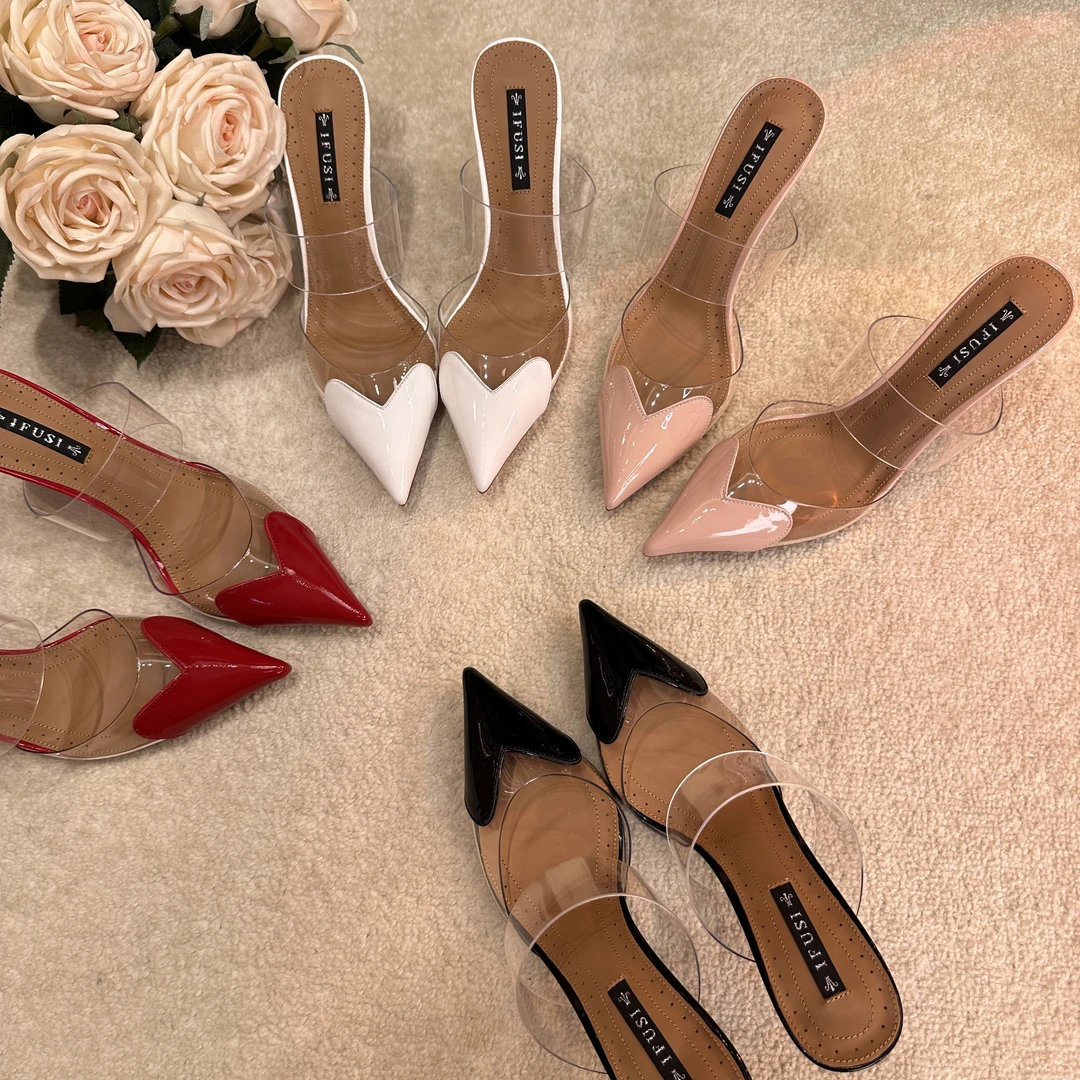 简约轻奢真皮桃心胶片拖鞋高跟鞋 036-1