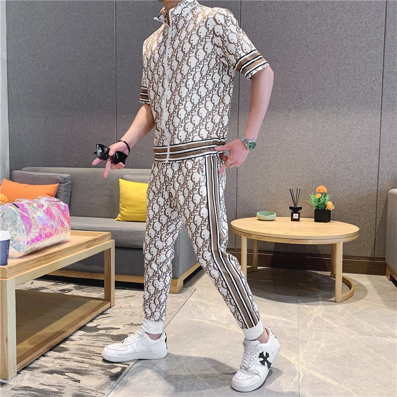 夏季男士老虎印花拉链立领短袖T恤套装潮男帅气休闲百搭修身套装