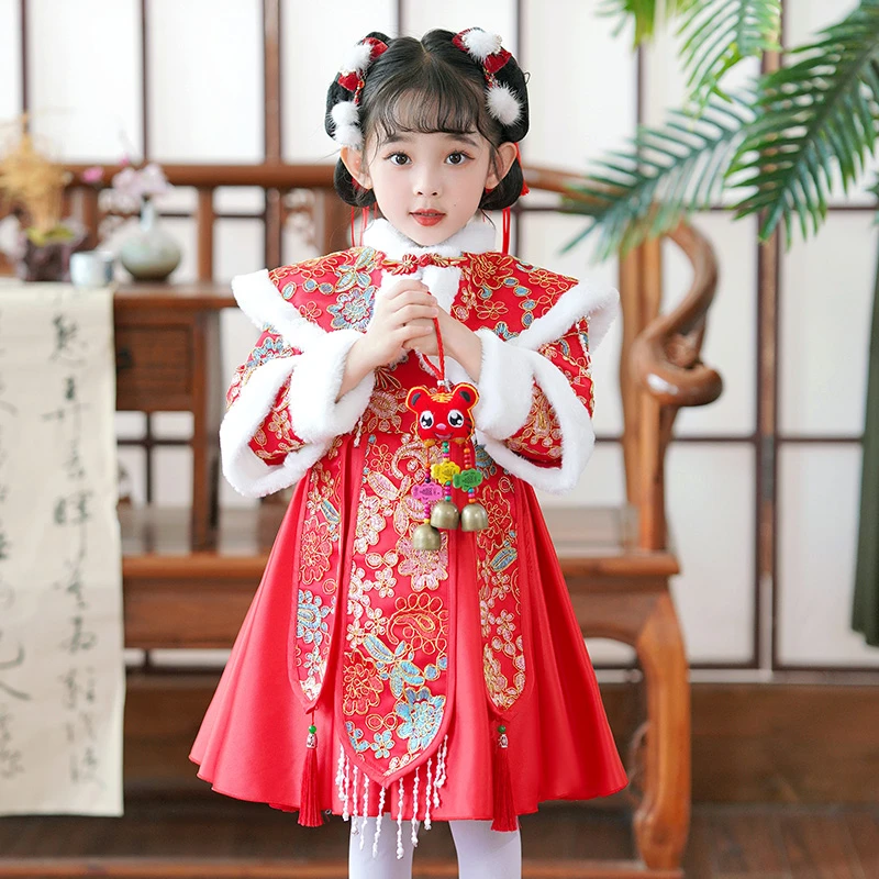 拜年服女童中国风秋冬加绒喜庆女孩唐装公主裙儿童加厚龙年过年服