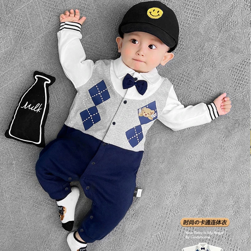 英伦风婴儿连体衣春秋款纯棉洋气绅士男宝宝满月百天哈衣周岁衣服