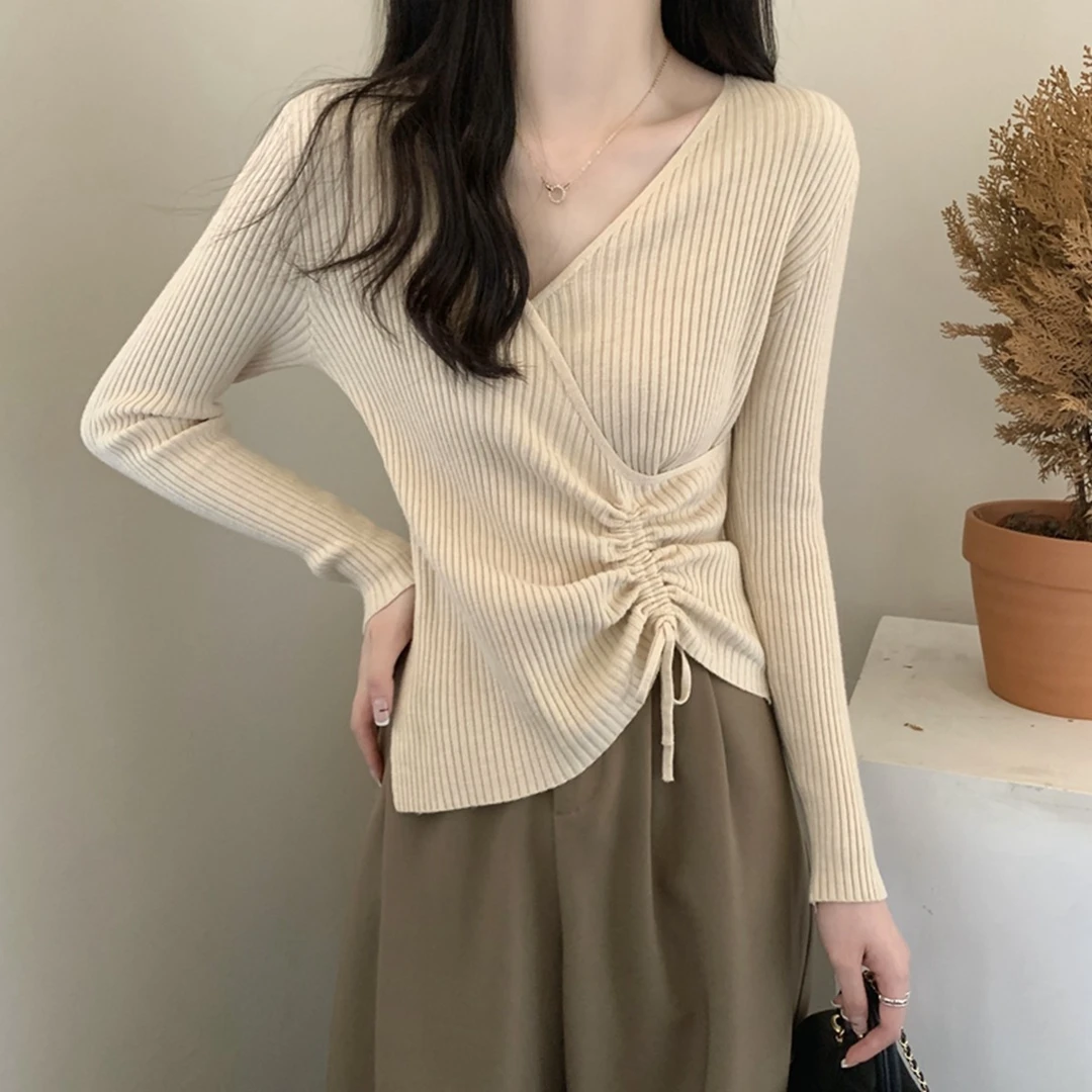 法式纯欲交叉修身内搭抽绳针织衫打底上衣女秋冬季显瘦V领毛衣潮