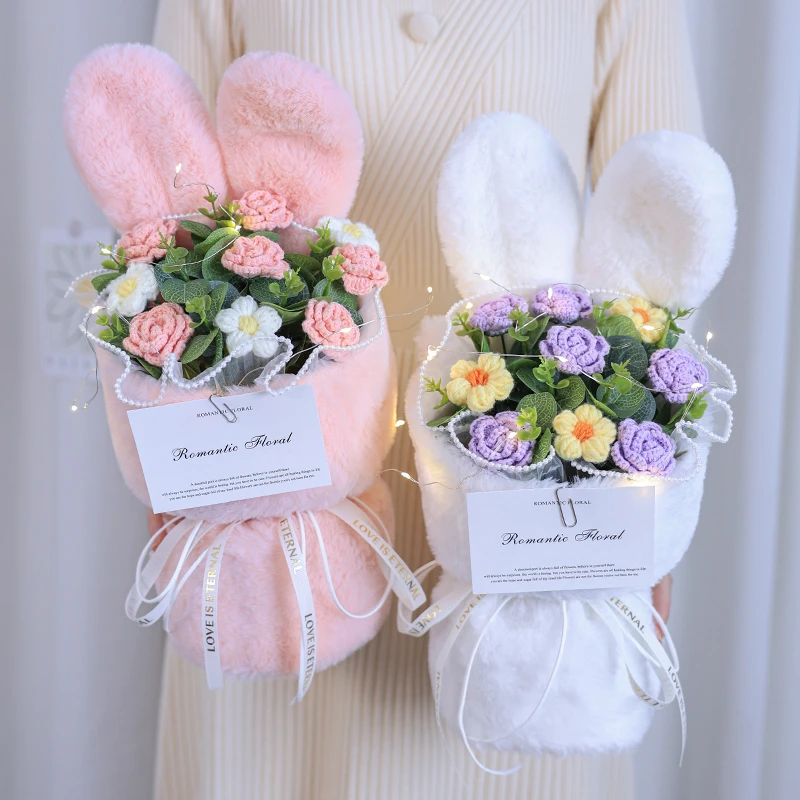 兔耳小香风款玫瑰毛线编织小花束生日礼物成品送男女朋友同学闺蜜