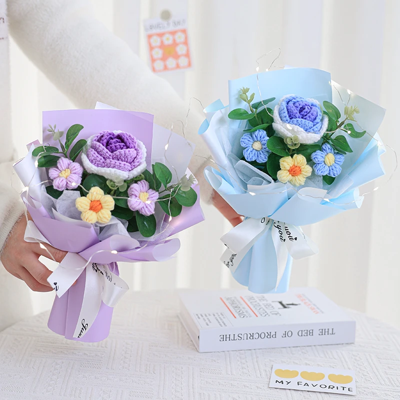 手工毛线小花束针织玫瑰泡芙花生日礼物成品送男女生朋友闺蜜惊喜