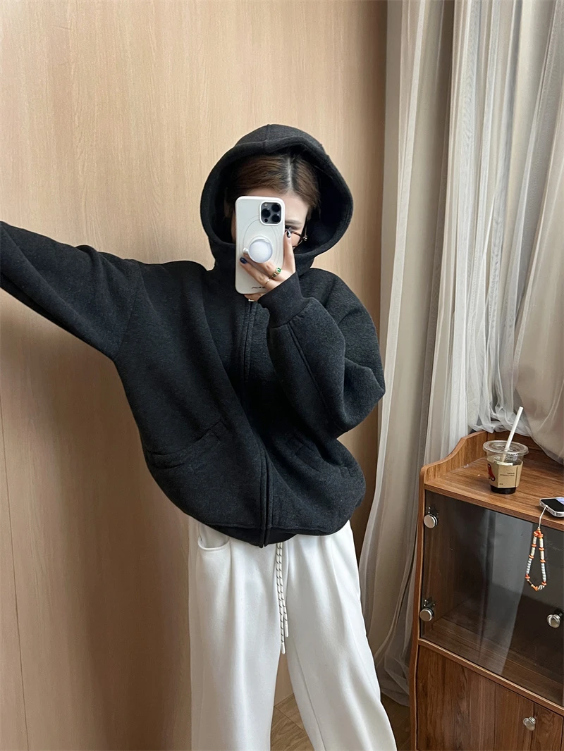 JIANYOU-「休闲百搭」2024加绒加厚冬季新款纯色连帽外套E-241213