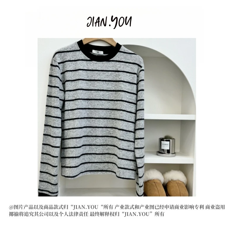 JIANYOU-「百搭条纹」2024加厚冬季新款女保暖休闲条纹T恤FK-24957