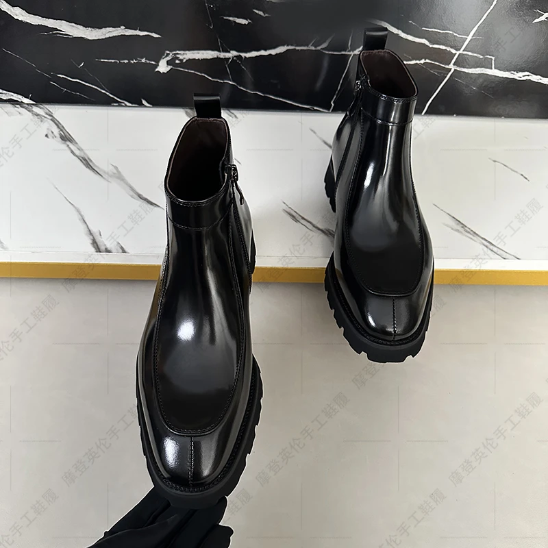 秋冬新款男士英伦切尔西真皮亮面商务正装休闲百搭高帮皮鞋男靴