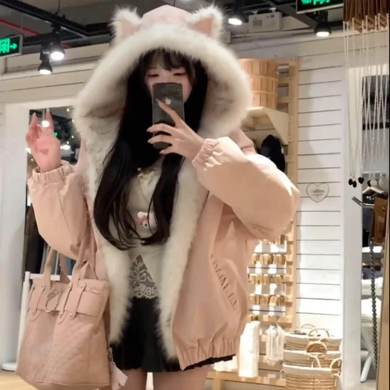 瑞茜·威瑟斯 冬日恋歌2.0 冬季甜美粉色少女连帽保暖两穿毛毛外套