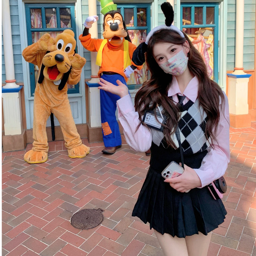 韩系学院风菱格马甲淡粉长衬衫JK制服百褶裙秋冬万圣节穿搭套装