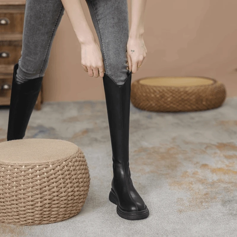 显瘦长筒靴女秋冬2025新款厚底高筒靴时尚百搭骑士平底不过膝长靴