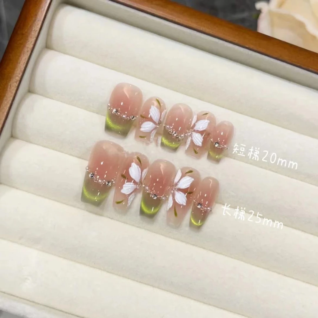 纯手工光疗美甲绿精灵冰花果冻贴片 假指甲成品 可拆卸穿戴甲高端