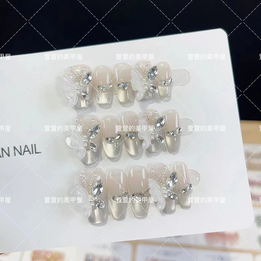 纯手工光疗美甲蝴蝶精灵果冻贴片 假指甲成品 可拆卸穿戴甲高端
