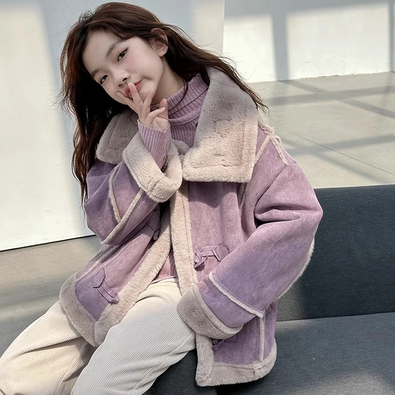 女童秋冬装外套2024新款儿童上衣女孩大童冬季加厚皮毛一体W24830