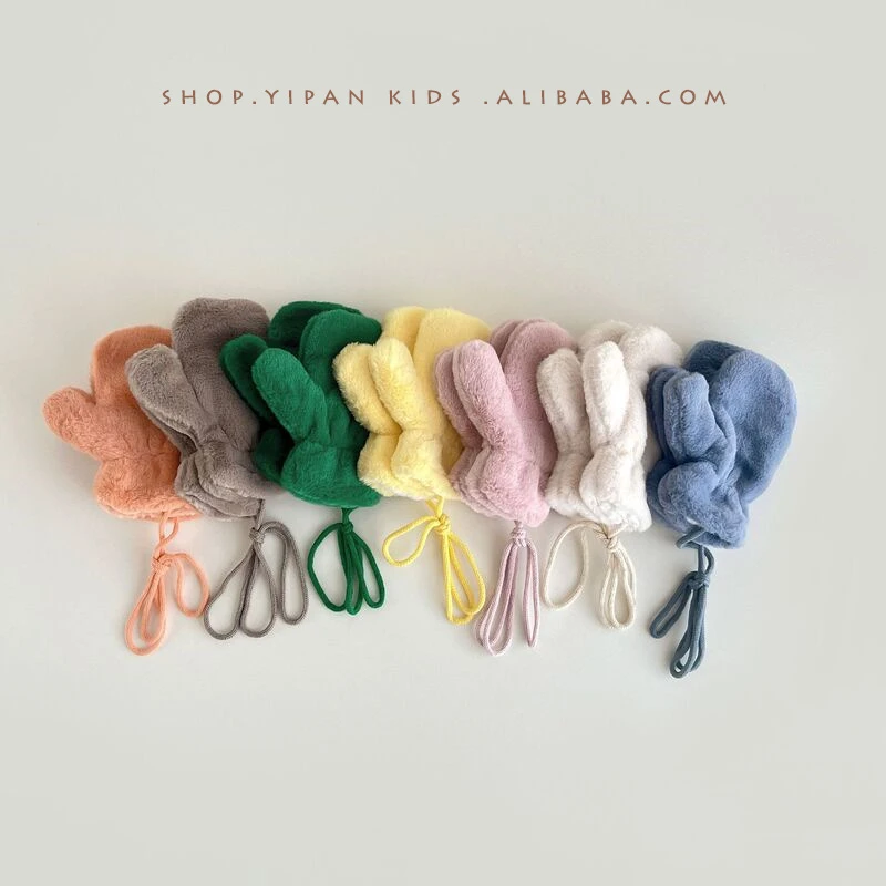 卡汐沐儿童毛绒手套纯色男女童加绒可挂脖保暖学生连指手套宝宝