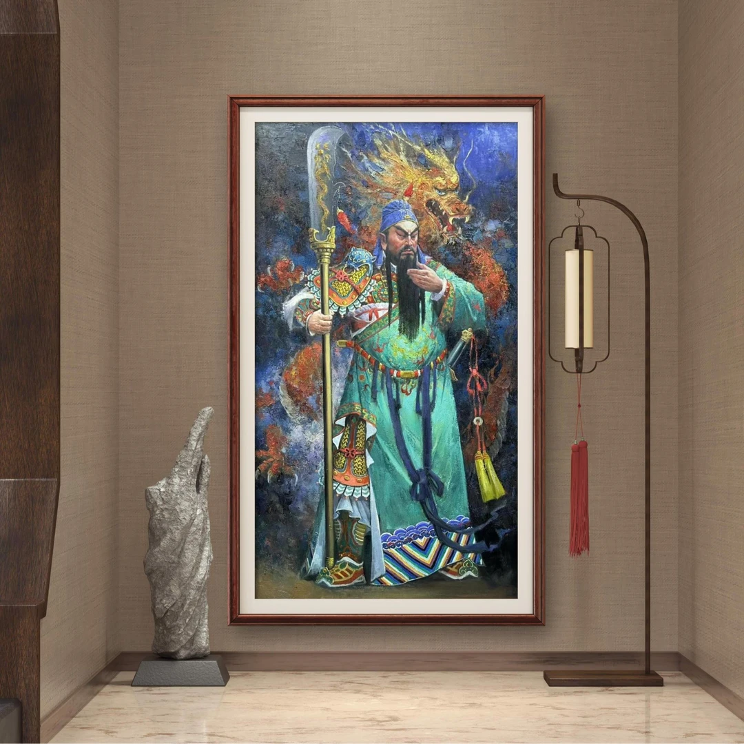 肝胆相照张俊龙油画原创肌理复刻版画关二爷茶室关羽关公玄关挂画