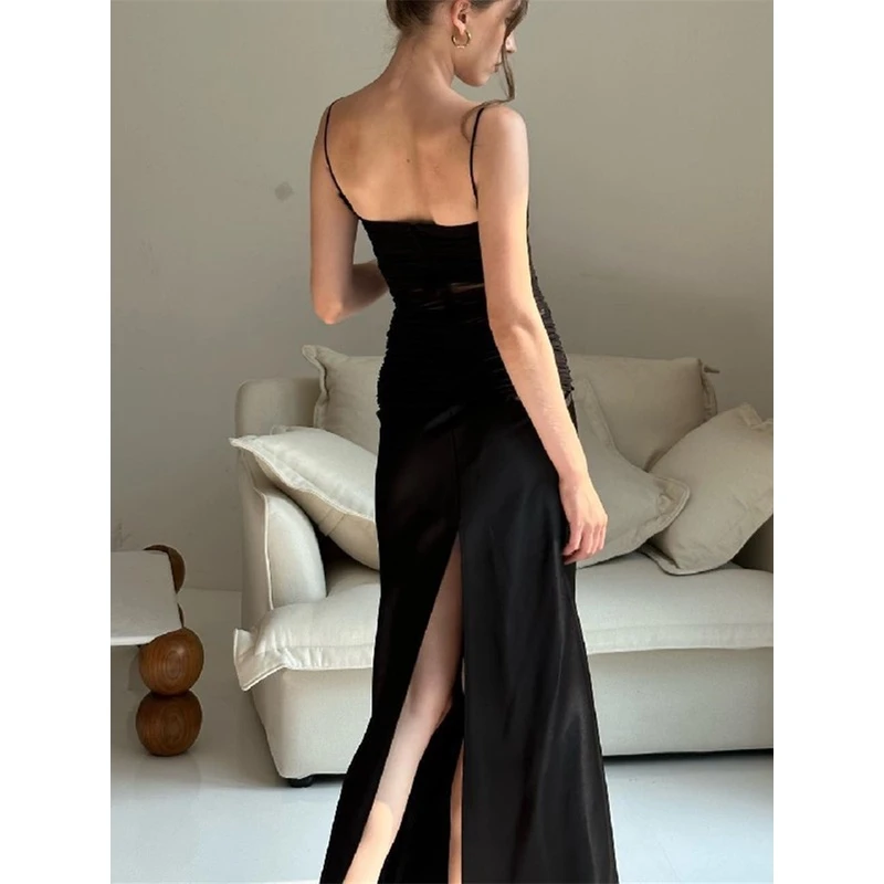 性感甜辣妹网纱拼接吊带裙透视后开叉长款气质显瘦夏季连衣裙黑色