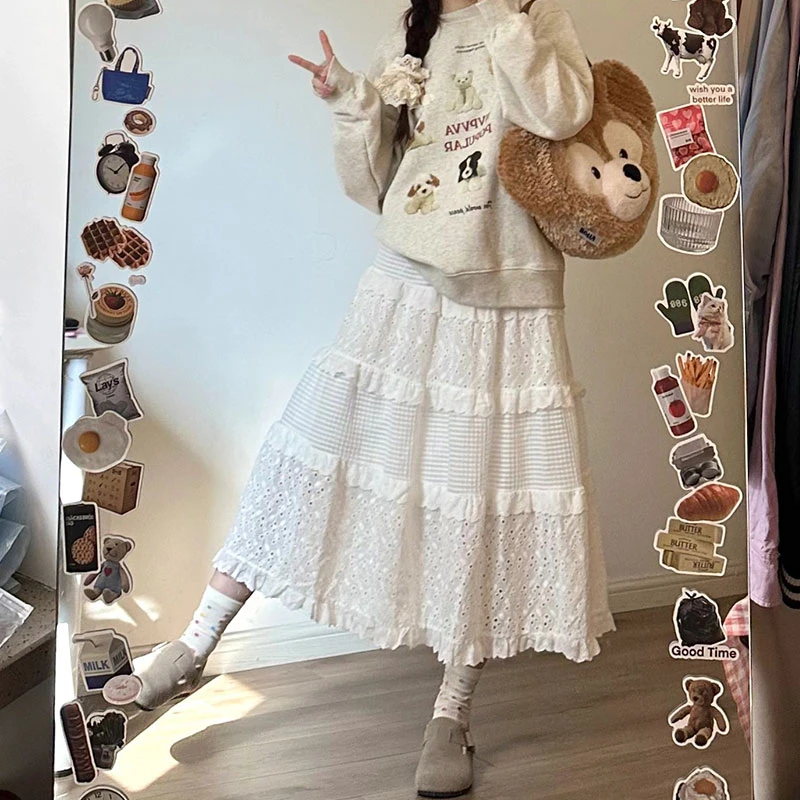 白色蛋糕裙女高腰a字裙温柔风长裙设计感小个子