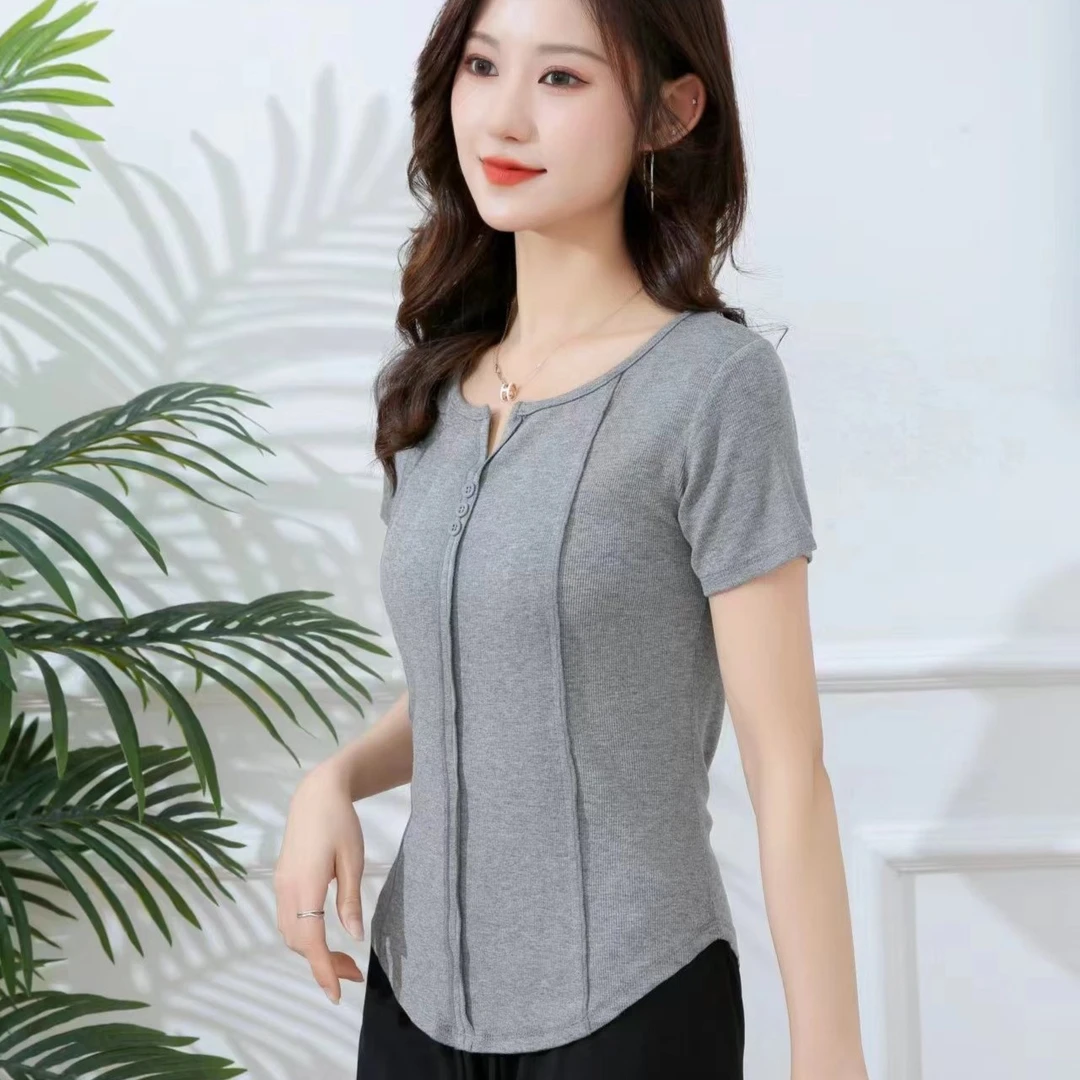 zhiyan/织嫣夏季显瘦显高又显身材不规则修身百搭女t恤短袖上衣