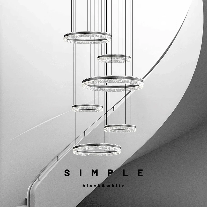 楼梯吊灯大气环形别墅loft复式楼挑高长吊灯意式极简客厅大厅主灯