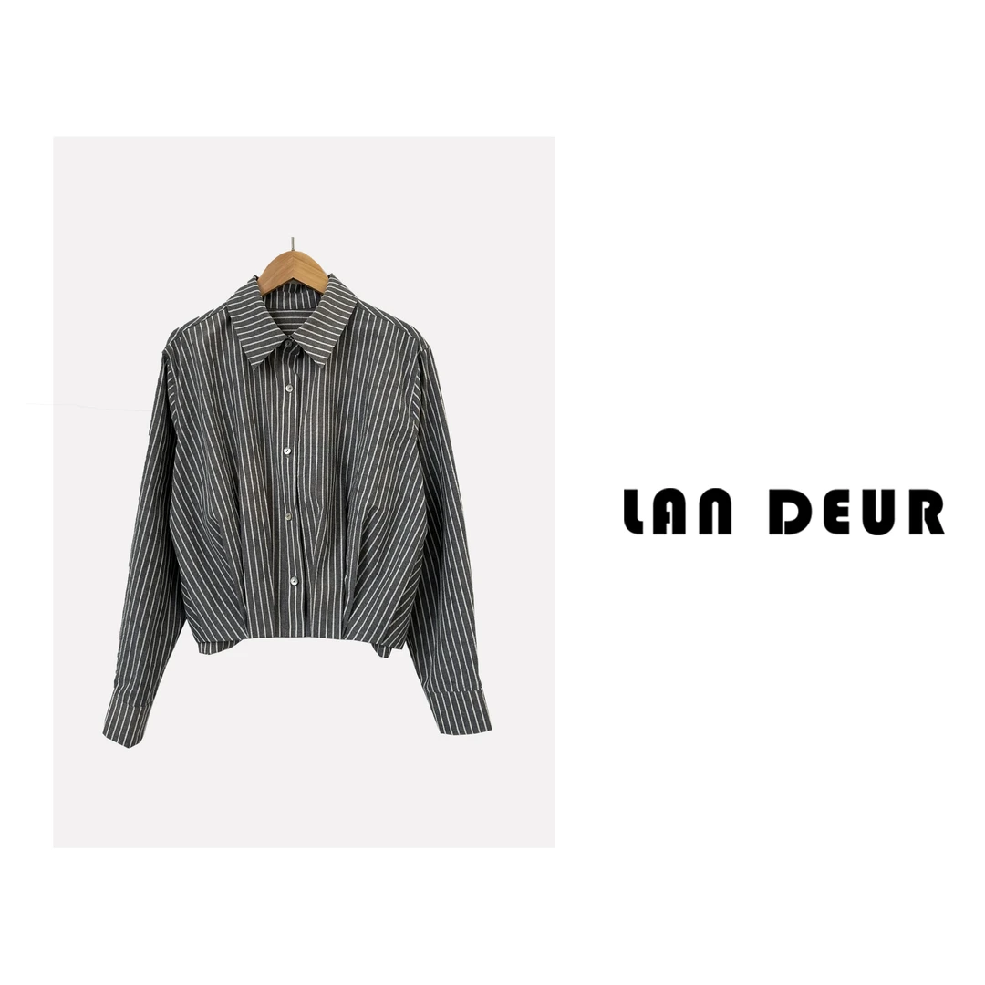 KEKE【复古轮回】时尚休闲设计感百搭短款条纹衬衫女上衣