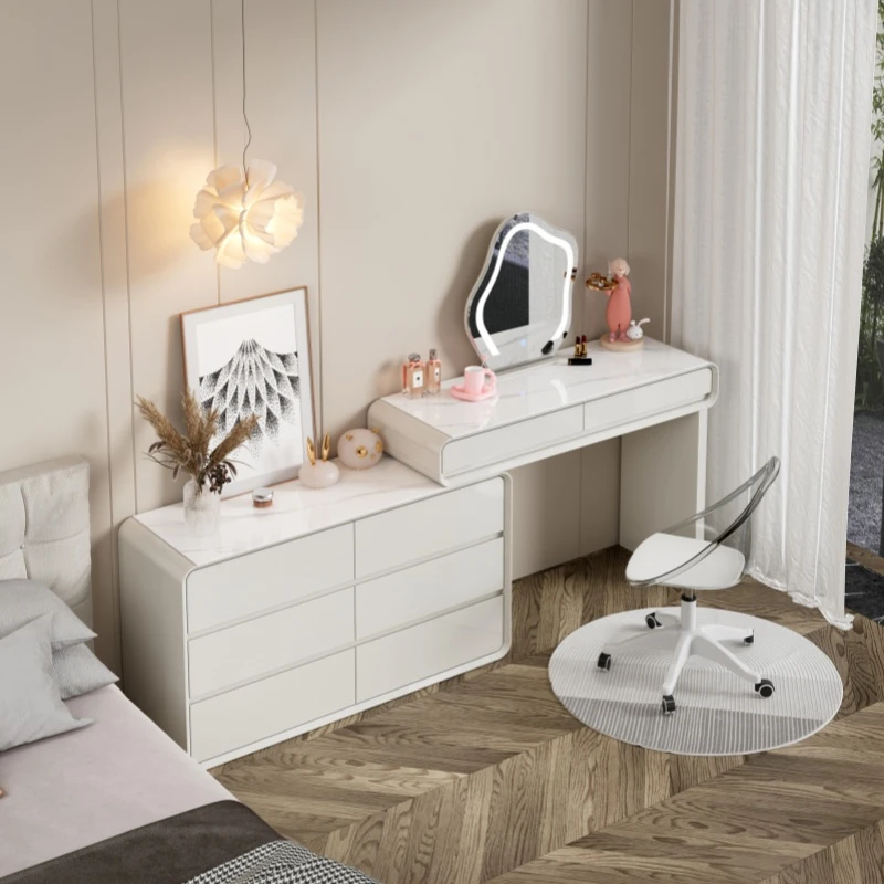 实木梳妆台岩玻奶油风斗柜全实木现代简约收纳柜一体化妆桌化妆台
