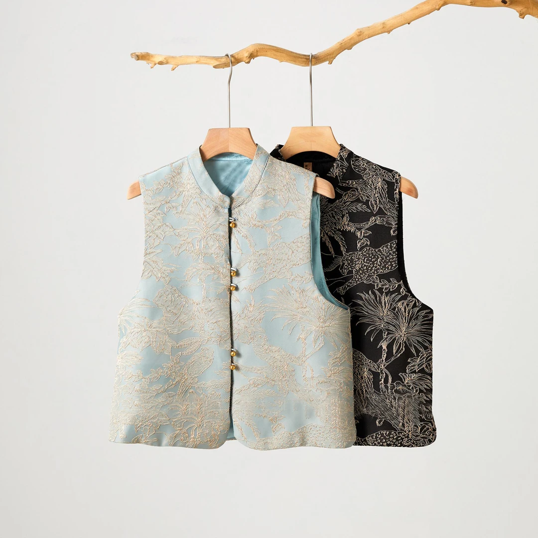 2024秋冬季织锦提花双面穿立领复古文艺新中式国风马甲女背心上衣