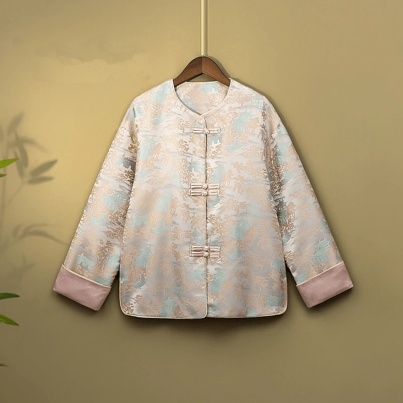 2025秋季新款新中式宽松外套女复古国风提花圆领光泽感拼色上衣女