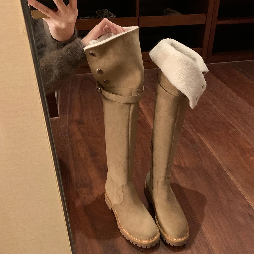 羊羔毛过膝雪地靴女2025年秋冬新款复古靴子长筒靴显瘦厚底骑士靴