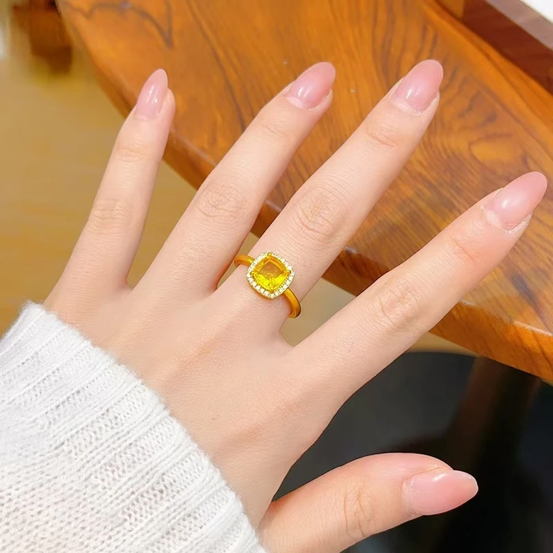 铜合金锆石戒指 【久家】铜合金新中式金黄色方糖开口指环轻奢戒指